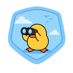 Duck Spotter badge — a cartoon duck looking through binoculars on a blue shield